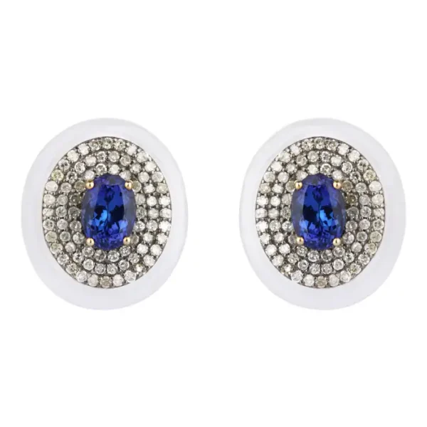 Diamond, Tanzanite, and Chalcedony Stud Earrings