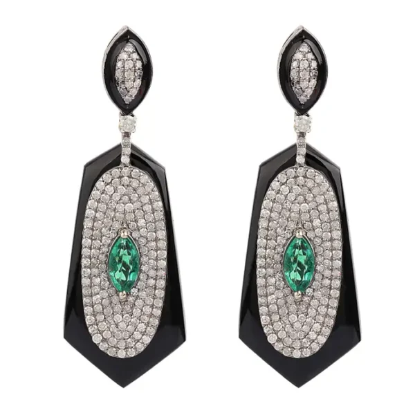 Diamond, Emerald, and Black Onyx Drop Earrings