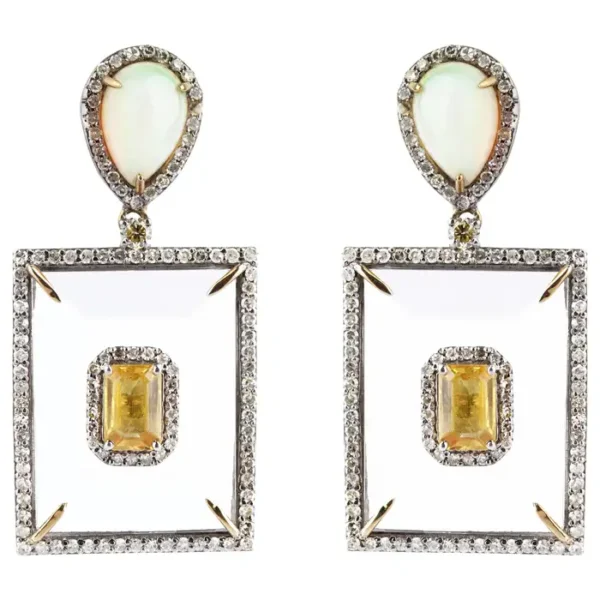 Crystal, Diamond, Opal, and Yellow Sapphire Dangle Earrings