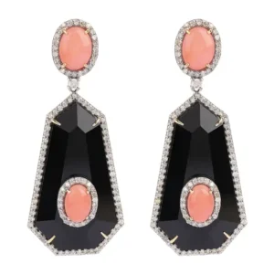 Diamond, Coral, and Black Onyx Drop Earrings in Modern Style