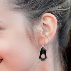 Diamond, Coral, and Black Onyx Drop Earrings in Modern Style