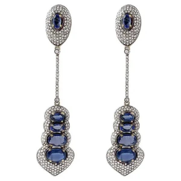 Blue Sapphire and Diamond Dangle Earrings in Victorian Style