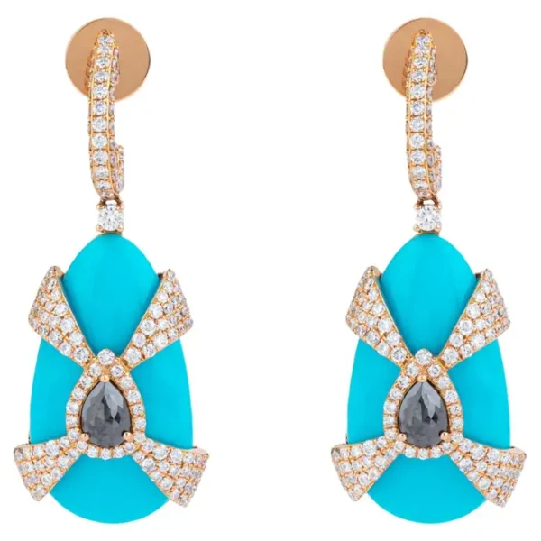 Diamond, Black Diamond and Turquoise Cocktail Earrings