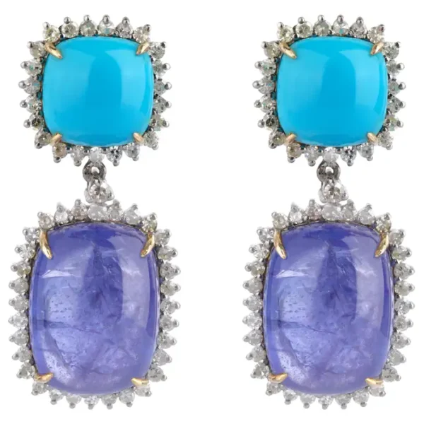 Diamond, Tanzanite, and Turquoise Dangle Earrings
