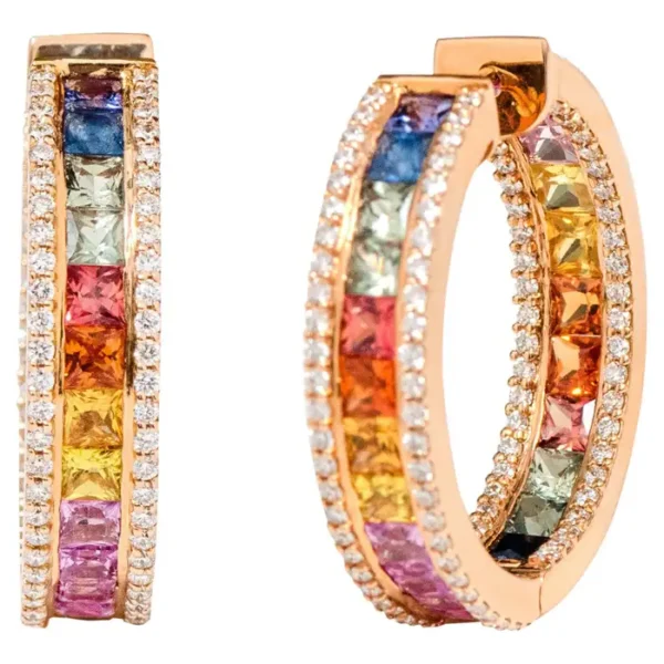 Multi-Color Sapphire and Diamond Hoop Earrings