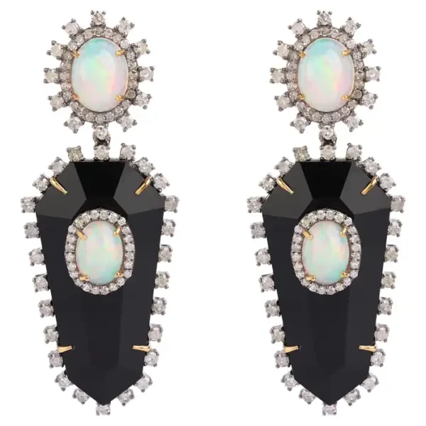 Diamond, Opal, and Black Onyx Drop Earrings