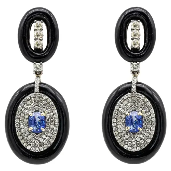 Diamond, Sapphire, and Black Onyx Drop Earrings