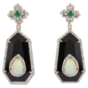 Diamond, Emerald, Opal, and Onyx Drop Earrings