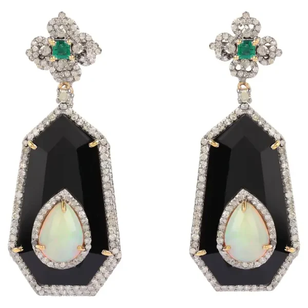 Diamond, Emerald, Opal, and Onyx Drop Earrings