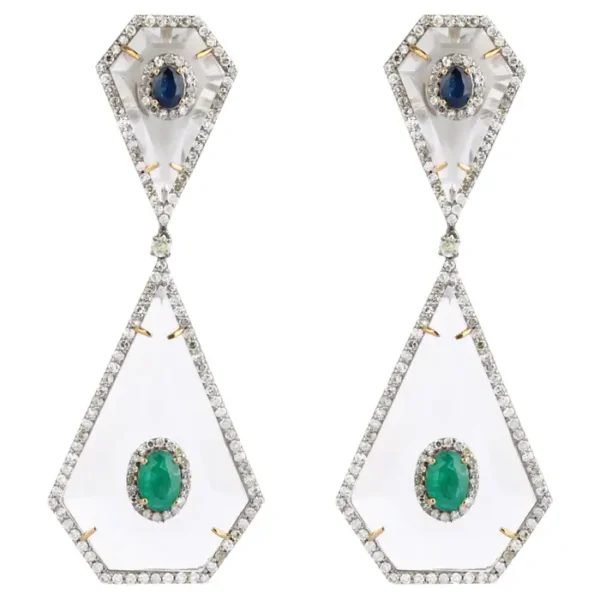 Crystal, Diamond, Emerald, and Sapphire Dangle Earrings