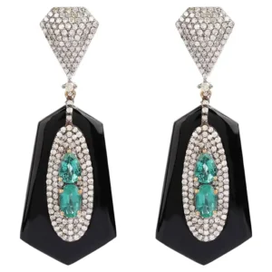 Diamond, Emerald, and Black Onyx Drop Earrings