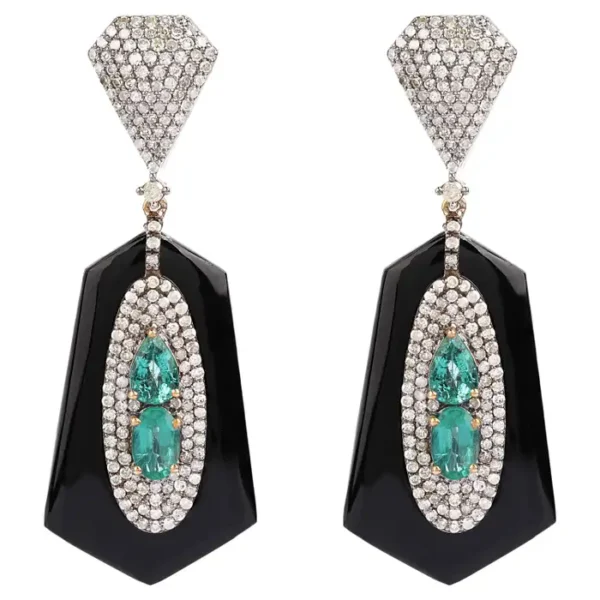 Diamond, Emerald, and Black Onyx Drop Earrings