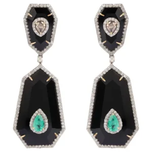 Diamond, Emerald, and Black Onyx Drop Earrings