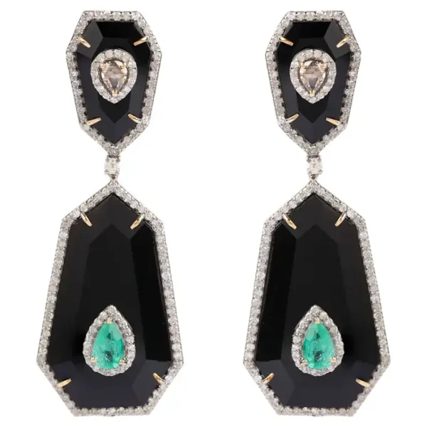 Diamond, Emerald, and Black Onyx Drop Earrings
