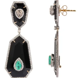 Diamond, Emerald, and Black Onyx Drop Earrings