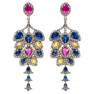 Sapphire, Diamond, and Ruby Dangle Cocktail Earrings
