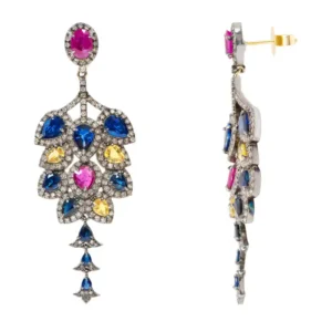 Sapphire, Diamond, and Ruby Dangle Cocktail Earrings
