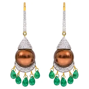 Natural South Sea Pearl, Emerald and Diamond Earrings
