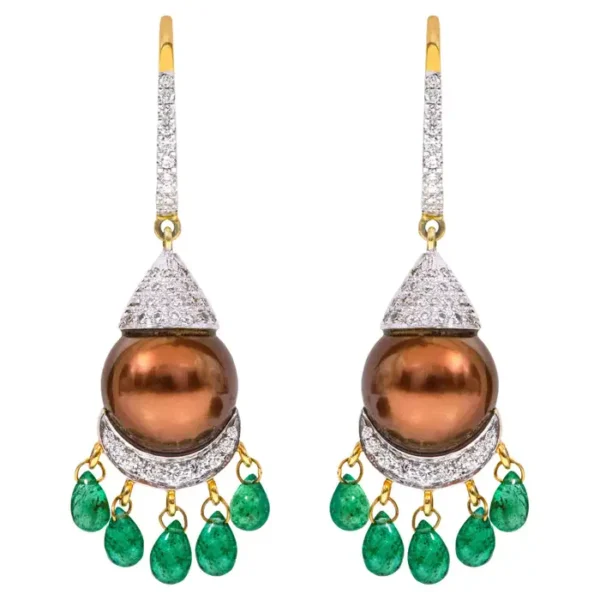Natural South Sea Pearl, Emerald and Diamond Earrings