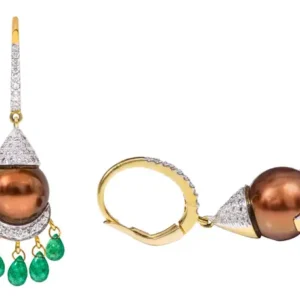 Natural South Sea Pearl, Emerald and Diamond Earrings