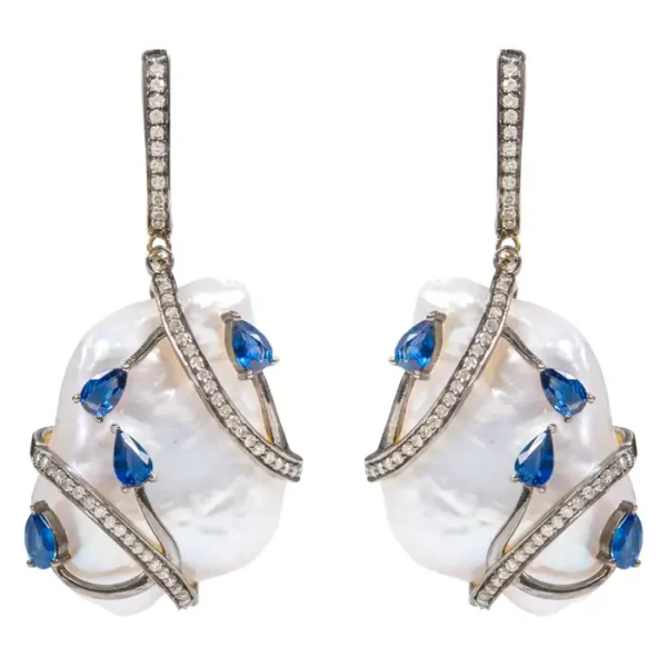 Baroque Pearl, Sapphire, and Diamond Drop Earrings