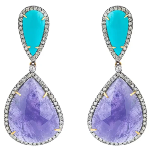 Diamond, Tanzanite and Turquoise Drop Earrings