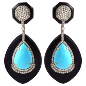 Turquoise, Black Onyx, and Diamond Earrings