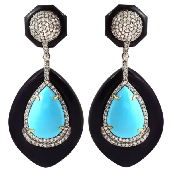 Turquoise, Black Onyx, and Diamond Earrings