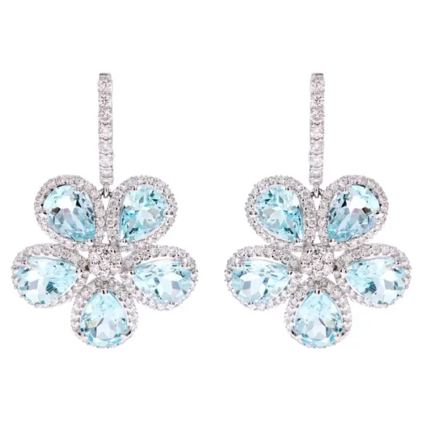 Aquamarine and Diamond Flower Dangle Earrings