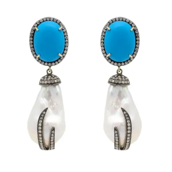 Baroque Pearl, Turquoise, and Diamond Drop Earrings