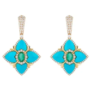 Diamond , Turquoise and Emerald Dangle Earrings