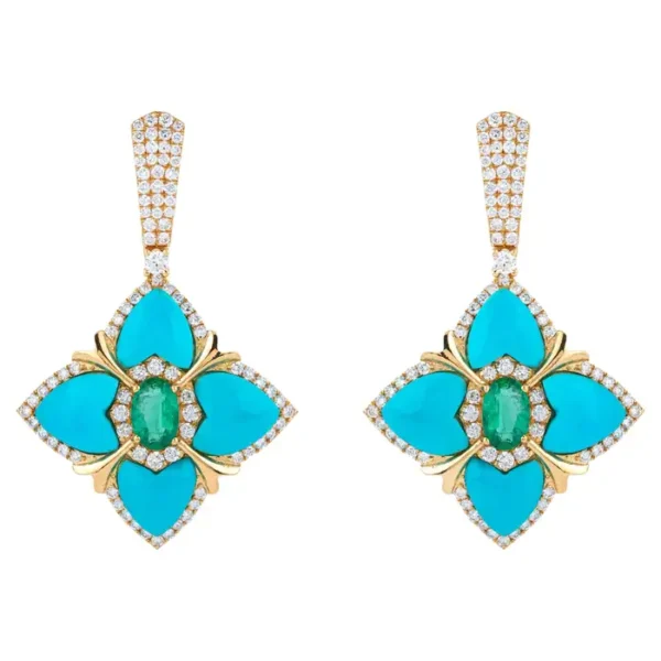 Diamond, Turquoise and Emerald Dangle Earrings