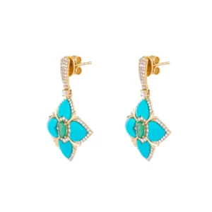 Diamond , Turquoise and Emerald Dangle Earrings