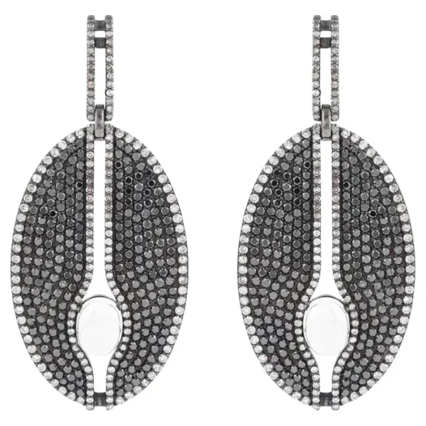 Diamond, Black Diamond and Moonstone Drop Earrings