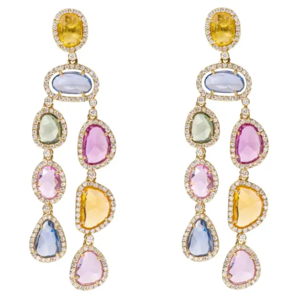 Multi-Color Sapphire and Diamond Drop Earrings