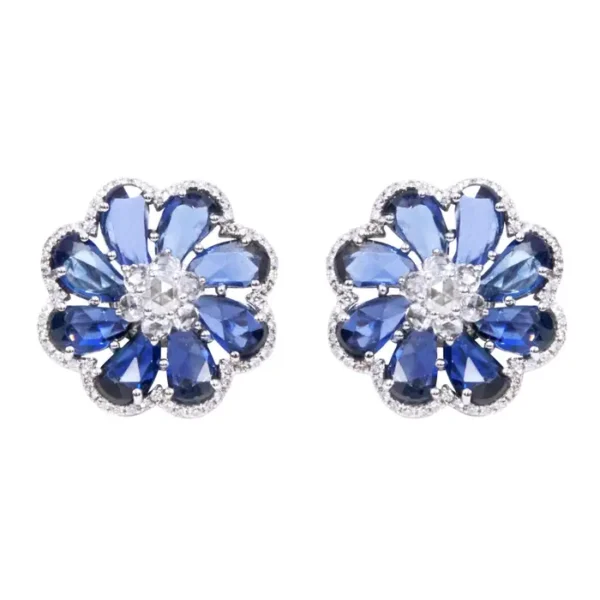 Blue Sapphire and Diamond Flower Stud Earrings
