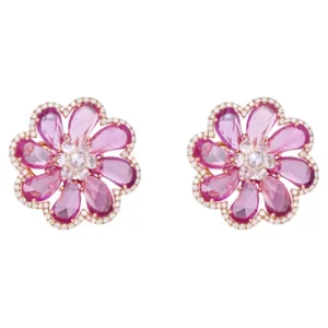 Pink Sapphire and Diamond Flower Stud Earrings