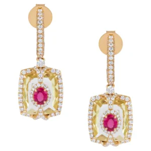 Diamond, Lemon Topaz and Ruby Dangle Earrings