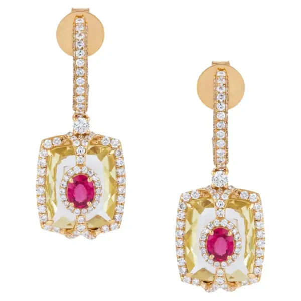 Diamond, Lemon Topaz and Ruby Dangle Earrings